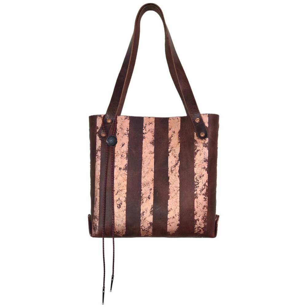 Custom Handcrafted Leather Tote Bag Brown Metallic Rose Gold Striped Purse